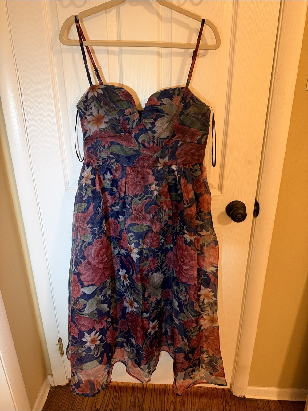 Lulus Cherished Aura Navy Blue Floral Organza Bustier Midi Dress